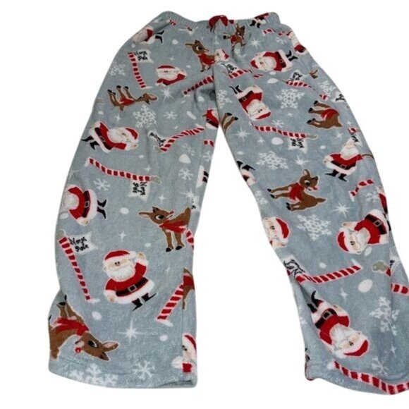Rudolph Red-Nosed Reindeer Gray Fleece Pajama Pants Santa & Reindeer Print M - Picture 1 of 7